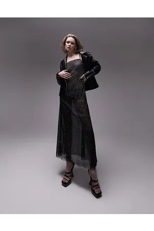 Topshop Vestito lungo nero in rete con spalline sottili e applicazioni a caldo