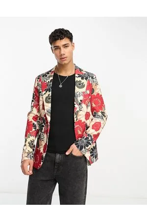 Devils Advocate Giacca da abito skinny con stampa a fiori rossi