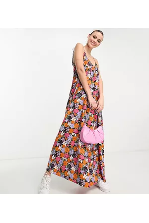 ASOS Donna Vestiti lunghi a fiori - ASOS DESIGN Tall - Vestito sottoveste lungo a trapezio con laccetti con stampa a fiori viola