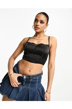 Parisian Crop top a bustino in raso nero e finiture in pizzo