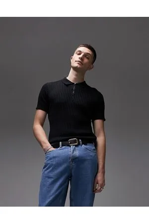 Topman Polo in maglia nera a coste con zip