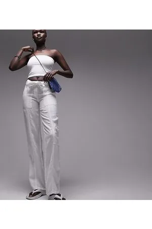 Topshop Pantaloni dritti a vita medio alta allacciati in vita in lino