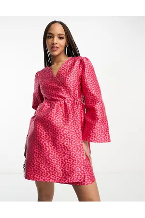 Pieces Donna Vestiti Kimono - Vestito corto premium avvolgente con maniche stile kimono rosa e rosso