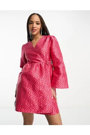 Pieces® Vestito corto premium avvolgente con maniche stile kimono rosa e rosso
