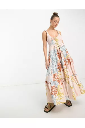 ASOS Donna Vestiti lunghi arricciati - Prendisole lungo a balze arricciato con stampa astratta
