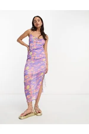 Monki Vestito midi con spalline sottili in rete raccolto in vita con stampa a fiori sfocata