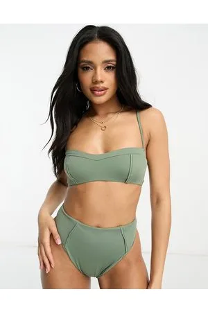 ASOS Slip bikini sgambati a vita alta con cuciture a vista kaki