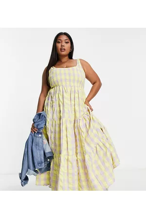ASOS Donna Vestiti lunghi arricciati - ASOS DESIGN Curve - Prendisole lungo arricciato con balze lilla e color limone a quadretti