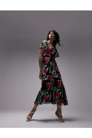 Topshop Vestito da giorno midi rosso e viola a fiori