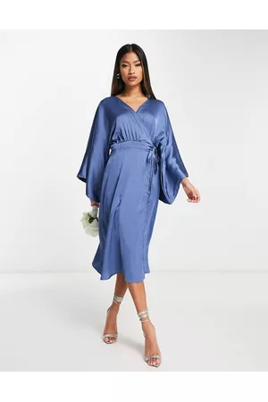 TFNC Donna Vestiti Kimono - Vestito midi da damigella a portafoglio in raso crepuscolare con maniche a kimono