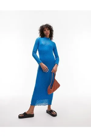 Topshop Vestito midi a maniche lunghe testurizzato in jersey e pizzo