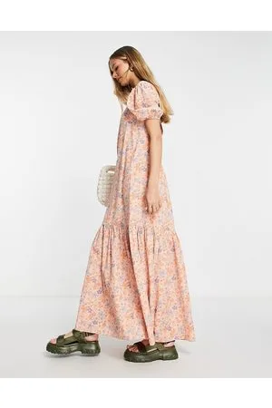 ASOS Vestito lungo con scollo squadrato e incrocio sul retro arancione con stampa a quadretti e a fiori