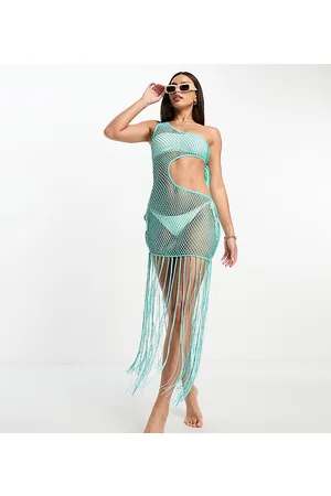 ASOS ASOS DESIGN Tall - Vestito da mare midi monospalla in maglia leggera acqua con frange