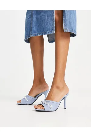 Daisy Street Tammy Girl - Sandali con tacco medio in denim chiaro con borchie