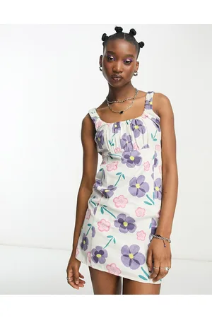 Daisy Street Vestito con spalline sottili corto in lino a fiori vintage