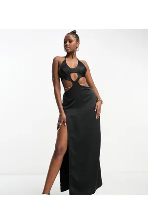 AsYou Vestito lungo allacciato al collo in raso nero con cut-out e catenina