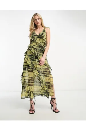 ASOS Vestito sottoveste midi asimmetrico con volant e stampa plumetis tie-dye