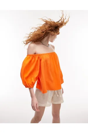 Topshop Top in misto lino con scollo alla Bardot