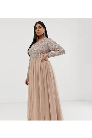 Maya Vestito da damigella lungo a maniche lunghe in tulle color cipria tenue con delicate paillettes tono su tono