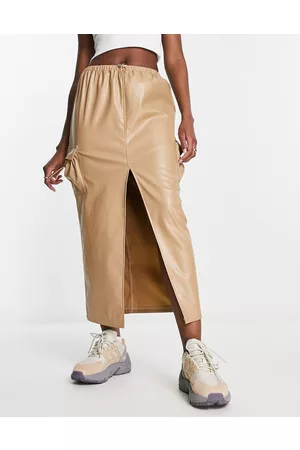 Kaiia Gonna midi cargo in pelle sintetica color cammello