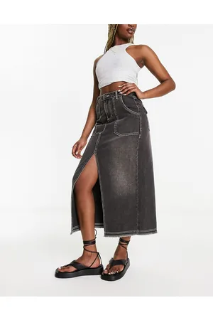 Miss Selfridge Gonna lunga nero slavato con tasche e cuciture a contrasto