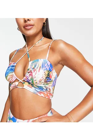 AsYou Crop top bikini a rete incrociato sul collo con stampa astratta