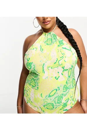 VERO MODA Costume da bagno allacciato al collo color lime con motivo pitonato
