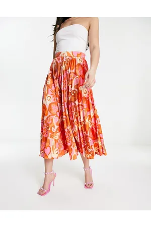 ASOS Gonna midi a pieghe in raso rosa acceso con stampa astratta