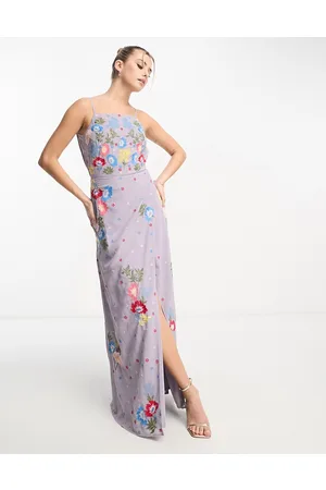 Maya Vestito lungo con spalline sottili lilla con gonna a portafoglio e scollo ad anello sul retro
