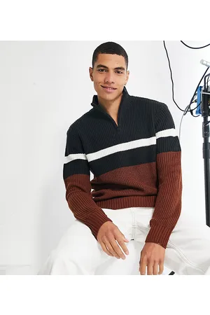 Le Breve Tall - Maglione e marrone color block a coste con zip corta