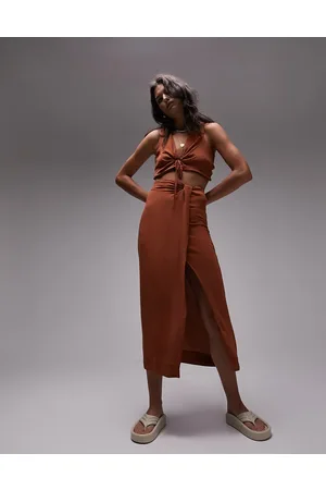 Topshop Gonna midi color ruggine con nodo in coordinato