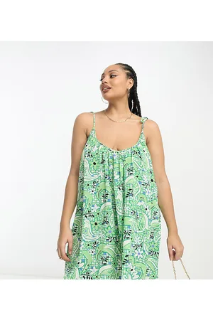 ASOS ASOS DESIGN Curve - Vestito sottoveste corto a trapezio con laccetti e stampa fantasia verde