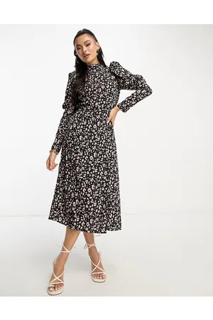 Ax Paris Vestito midi nero con maniche con volant e stampa a fiori