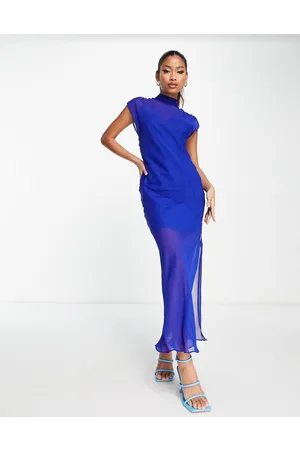 ASOS Vestito con gonna al polpaccio senza maniche in chiffon cobalto con schiena scoperta