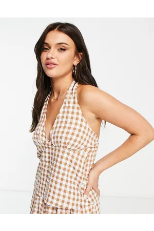 Influence Top allacciato al collo beige a quadretti