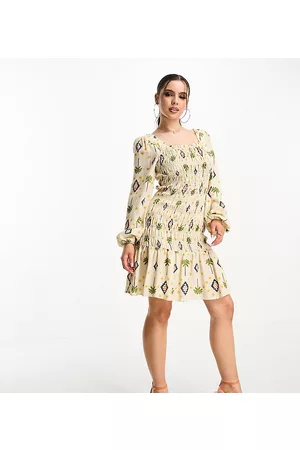 Never Fully Dressed Petite - Vestito corto arricciato con stampa di palme