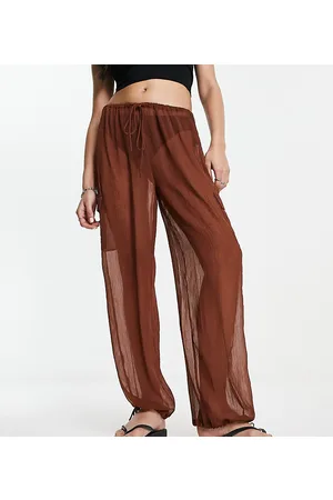 AsYou Pantaloni in tessuto stropicciato trasparente con fondo arricciato color cioccolato