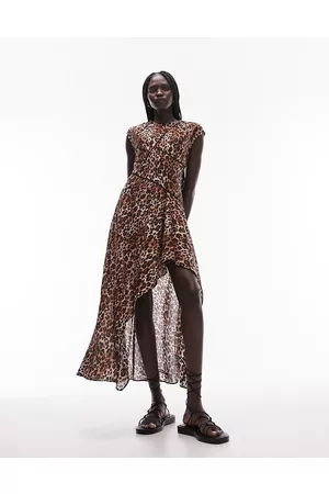 Topshop Vestito midi con stampa animalier, taglio asimmetrico e finiture smagliate