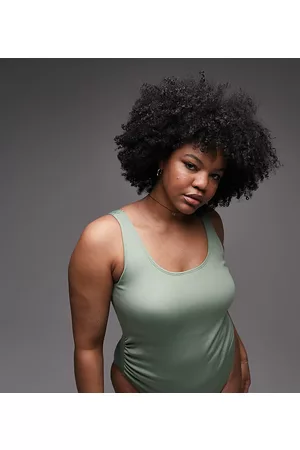 Topshop Curve - Costume da bagno a coste con scollo profondo sul retro kaki