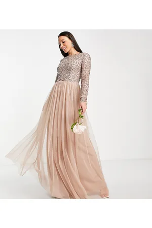 Maya Vestito da damigella lungo a maniche lunghe in tulle cipria tenue con delicate paillettes tono su tono