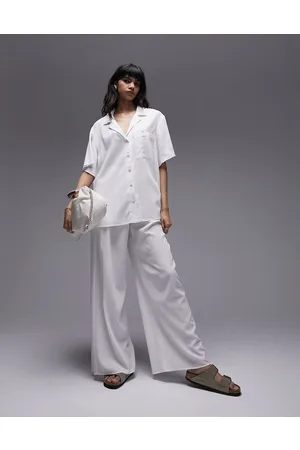Topshop Pantaloni a fondo ampio écru stropicciati in coordinato