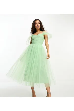 Lace & Beads - Vestito lungo a fascia in tulle verde mela con fondo  asimmetrico
