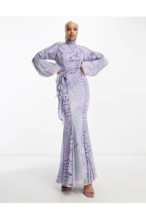 ASOS Vestito lungo con finiture in pizzo lilla con stampa animalier verde con cintura