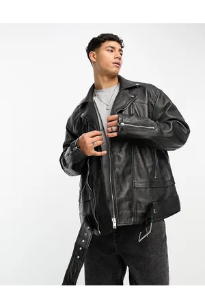 Bolongaro Giacca in pelle oversize stile biker nera con cintura e zip