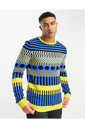 Harry Brown Maglione girocollo blu e giallo con stampa astratta