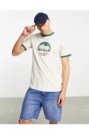 Ellesse Darra - T-shirt beige con stampa di palme e righe a contrasto sui bordi