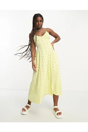 ASOS Vestito midi in pizzo color limone con cuciture a vista e gioco di spalline sul retro