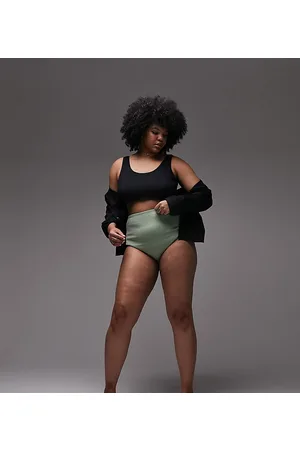 Topshop Curve - Slip bikini a vita alta a coste kaki