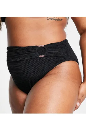 Ivory Rose Plus - Slip bikini a vita alta con dettaglio ad anello neri stropicciati