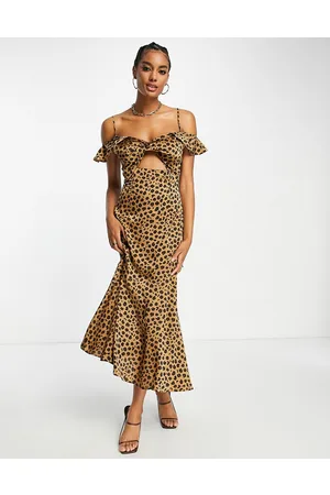 Never Fully Dressed Vestito lungo leopardato con cut-out e volant sulle maniche